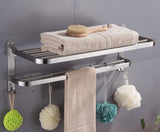 ELLO&ALLO Stainless Steel Rack Shelf for Bathroom, Double Towel Bar Holder with Hooks Wall Mounted Multifunctional Foldable Brushed Nickel, Burshed