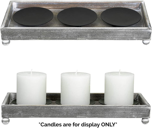 TERRA HOME Candle Holder Centerpiece - Vintage Look Centerpieces for Dining Room Table, Coffee Table Decor - Decorative Candle Centerpiece with Rustic Wooden Tray and Metal Plate Candle Holders