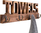 MyGift 4-Hook Rustic Burnt Wood Wall Mounted Bathroom/Kitchen Towel Hanging Rack with Cutout Letters