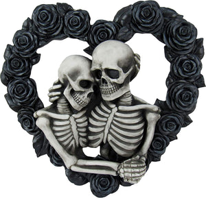 DWK - Our Love is Eternal - Beautiful Gothic Skeleton Lovers Embracing on Black Rose Wreath Wall Sculpture Romantic Goth Valentine's Day Gift Home Decor Accent Door1 - 13"