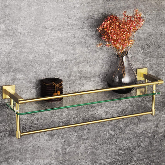 KOKOSIRI Bathroom Shelves with Towel Holder Rustproof 24'' Bathroom Shelf With Rails Wall Mounted Stainless Steel, Brushed Gold Finish, B1103BG