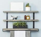 Del Hutson Designs Floating 24 Inch Wooden 3-Tier Industrial Shelf with Towel Bar, White