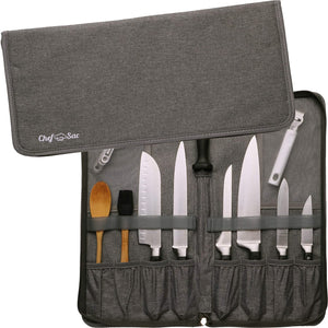 Premium Chef Knife Folder Case Organizer Bag | Portable Travel Storage - 8 Knives Tools Holder PLUS Honing Rod Slot, Dual Mesh Pockets for Small Accessories | Good Chef & Culinary Student Gift (Grey)